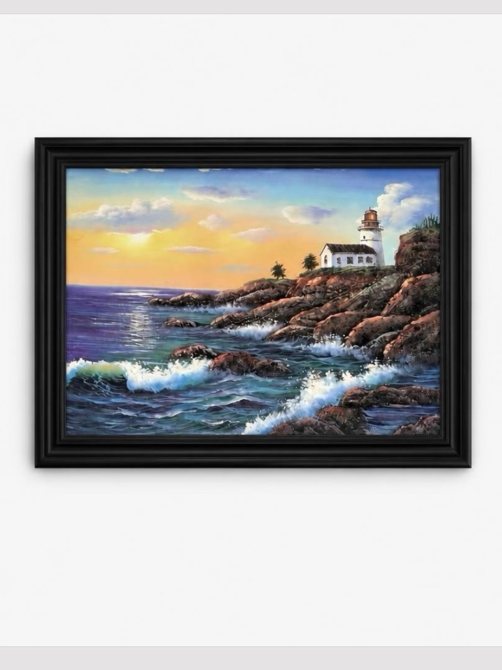 Vntg Coastal Lighthouse Framed Art Print, Nautical Sunset Ocean Seascape 13x10"